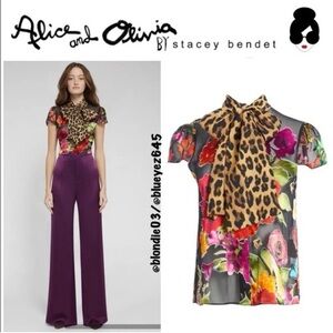 NWT Alice and Olivia Jeannie Blouse Garden Floral Combo Animal Print Top Size XS